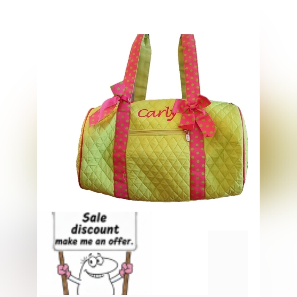 Belvah beauty And Quality Tote Lime Green Quilted Duffel Bag with Pink Accents